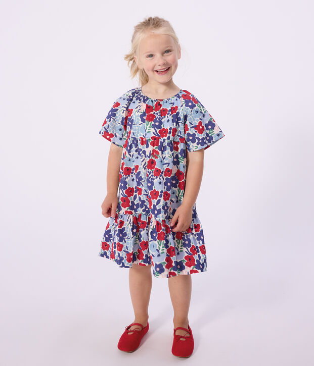 Katoenen kinderjurk met korte mouwen en bloemenprint wit/multicouleur