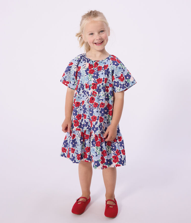 Katoenen kinderjurk met korte mouwen en bloemenprint wit/multicouleur