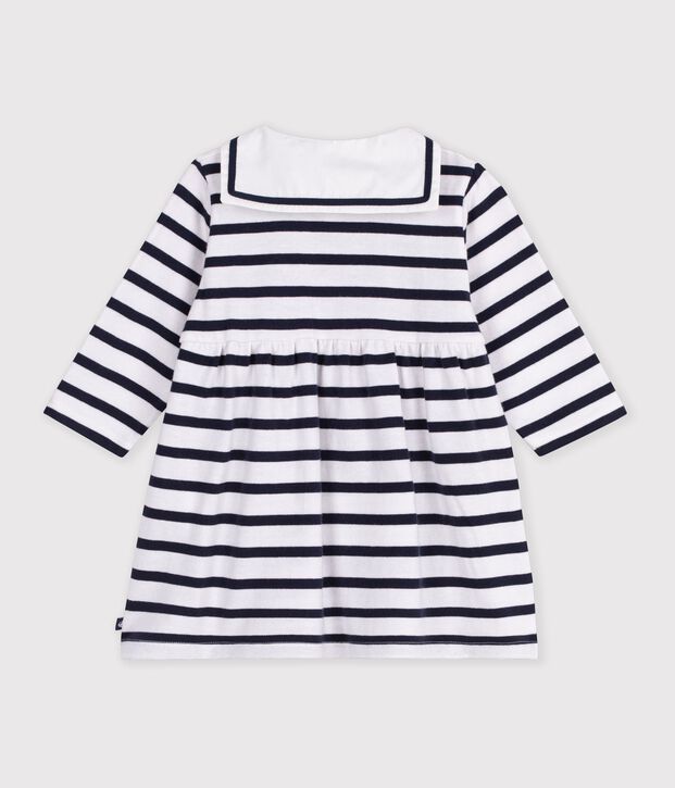Robe b&eacute;b&eacute; en coton manches longues &agrave; rayures marini&egrave;re blanc/bleu