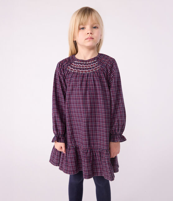 Flanellen geruite jurk met lange mouwen voor kinderen blauw SMOKING/wit MULTICO