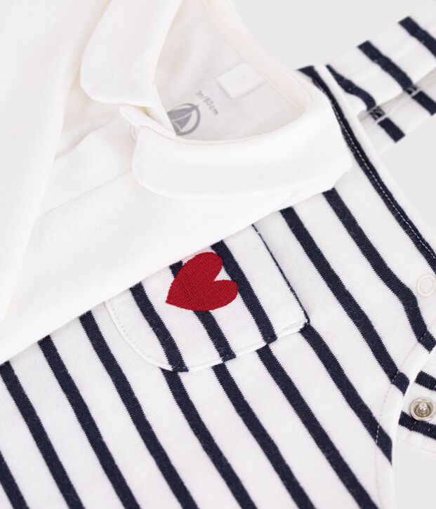 Ensemble salopette et body b&eacute;b&eacute; en coton avec col, &agrave; rayures blanc/bleu