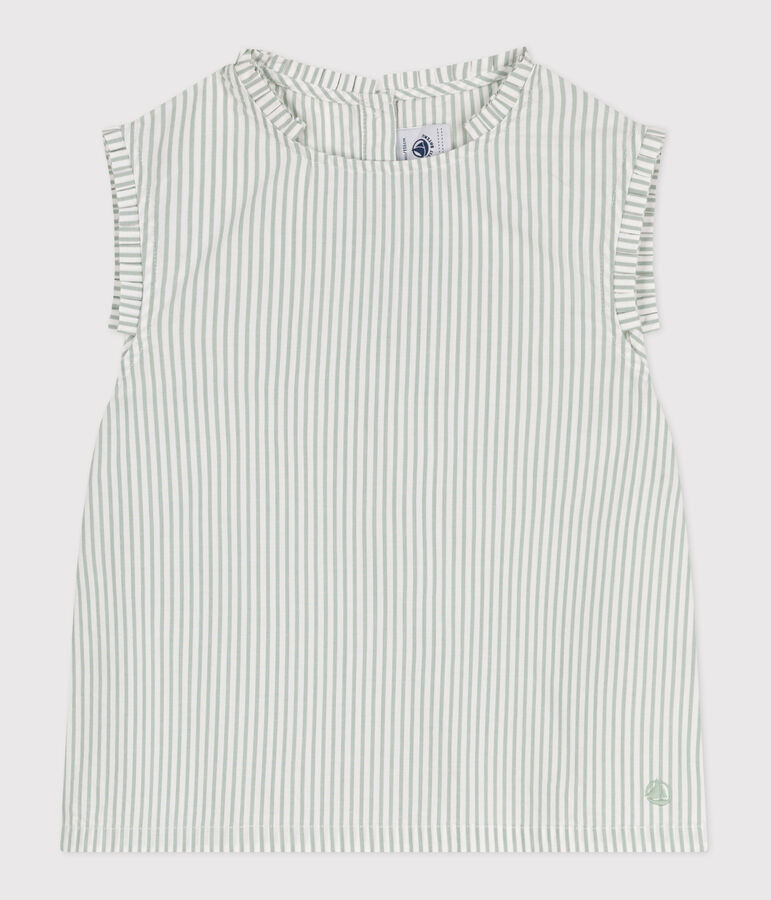 Blouse enfant en coton sans manche &agrave; rayures vert/blanc