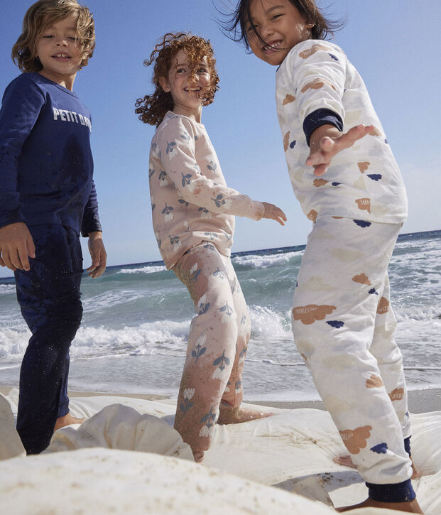 Jongens/meisjespyjama met wolkenprint in molton wit/multicouleur