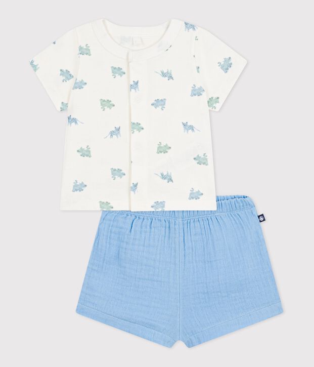 Kort tweedelig setje van katoen met dierenprint blauw/multicouleur