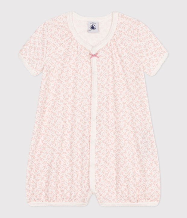 Combinaison courte b&eacute;b&eacute; en coton fleuri blanc/rose