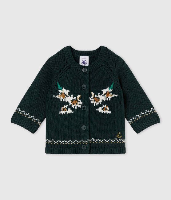 Jacquardgebreid vest in wol/katoen voor babymeisjes groen SHERWOOD/wit MULTICO