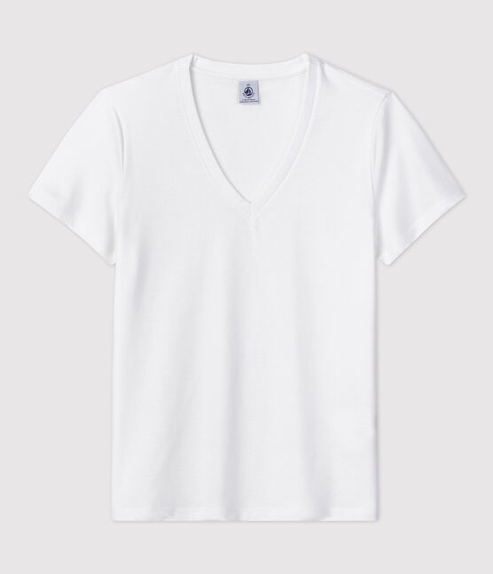 DE STRAIGHT-FIT, T-shirt voor dames met V-hals in katoen wit ECUME