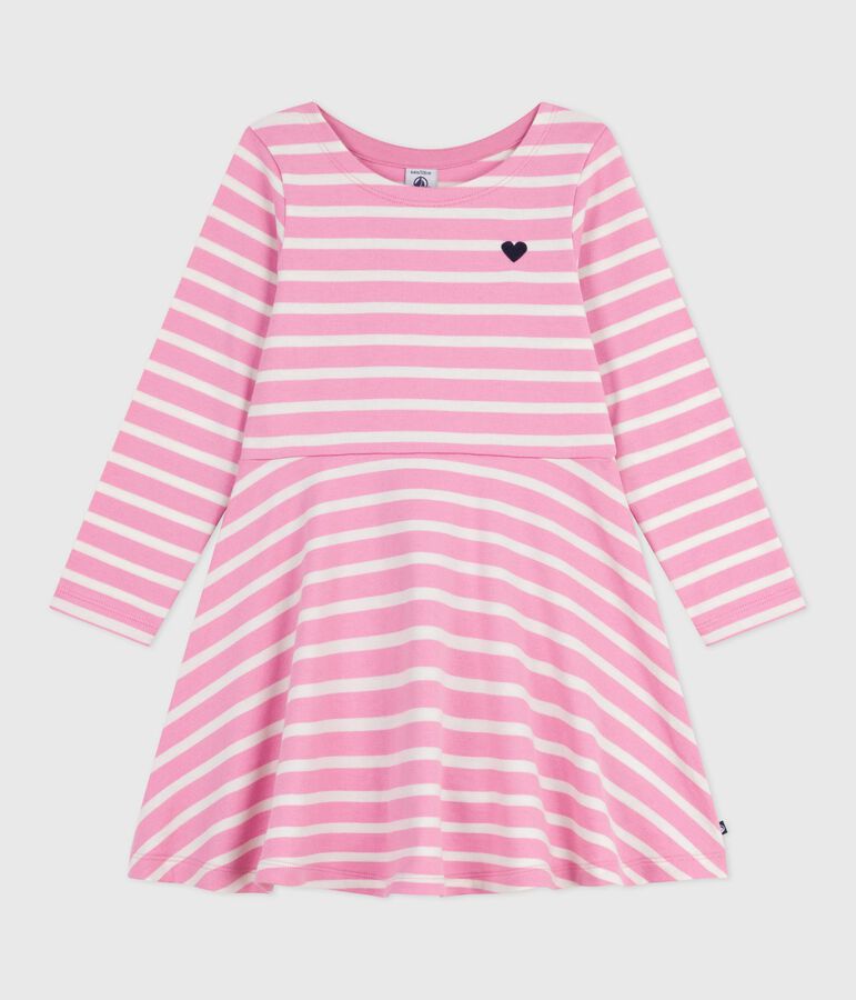 Robe enfant manches longues en coton rose/&eacute;cru