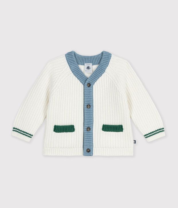 Cardigan b&eacute;b&eacute; en tricot laine et coton &agrave; d&eacute;tails contrast&eacute;s blanc/multicouleur