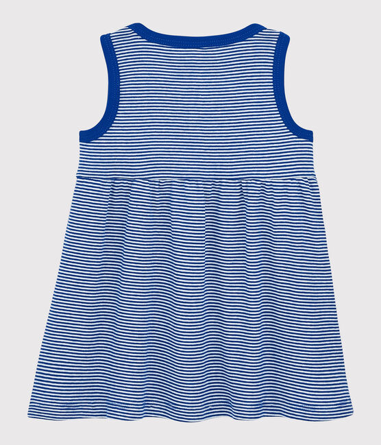 Mouwloze gestreepte geribde jurk voor babymeisjes blauw SURF/wit MARSHMALLOW