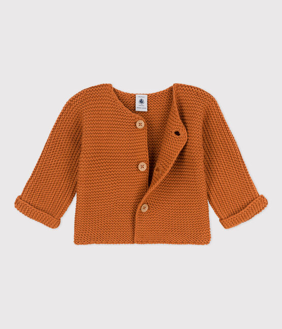 Cardigan bébé tricot point mousse en coton marron ECUREUIL