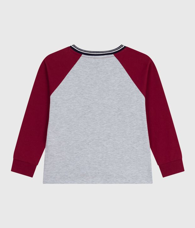 Tee-shirt enfant manches longues en coton uni gris/rouge