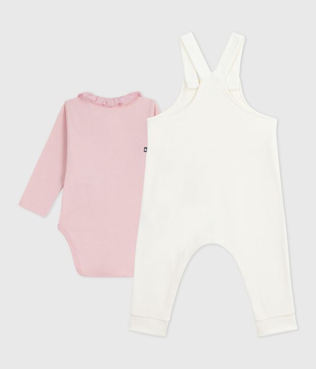Effen katoenen babysetje met salopette, verfraaid met verfijnde details ecru/roze