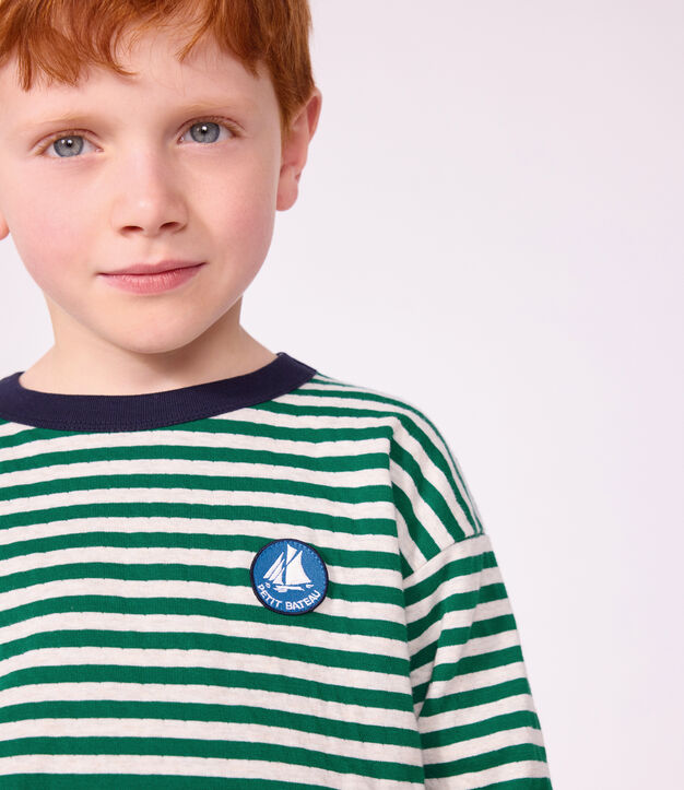 Katoenen T-shirt met lange mouwen en strepen voor kinderen groen/beige/groen