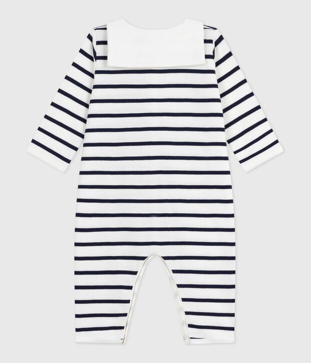 Katoenen babypyjama zonder voetjes met bootkraag en streeepjesprint wit/blauw