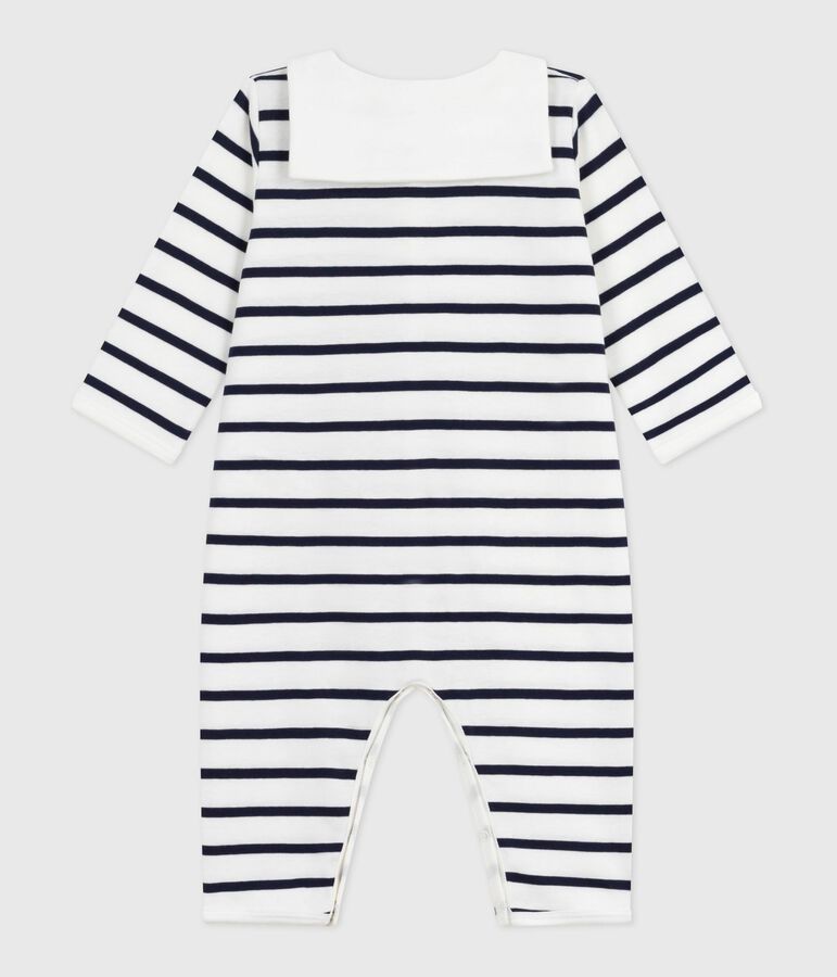 Katoenen babypyjama zonder voetjes met bootkraag en streeepjesprint wit/blauw