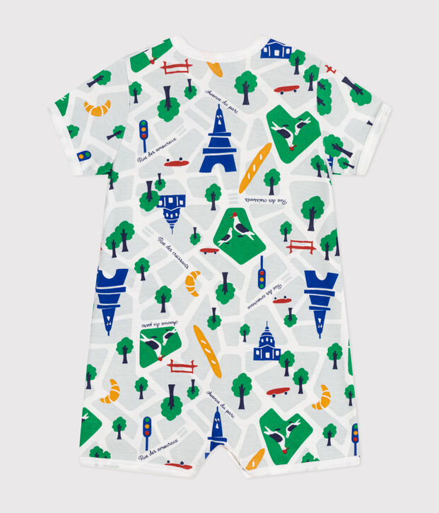 Combinaison courte en coton b&eacute;b&eacute; blanc/bleu