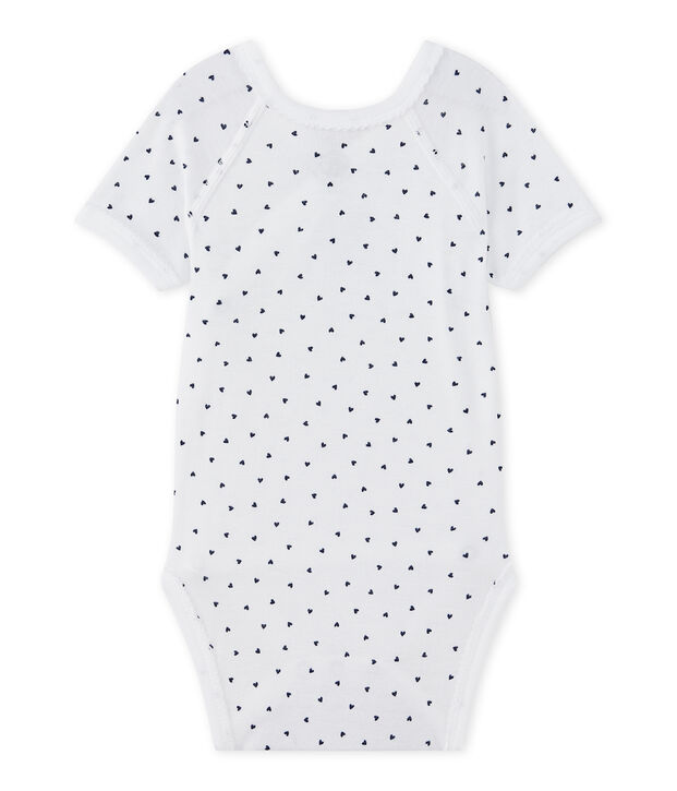 Eerste body met korte mouwen en print voor meisjes wit/blauw