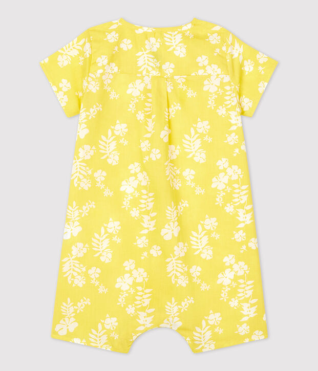 Korte bedrukte tuinbroek in biologisch popeline met Hawa&iuml;print voor baby's geel/wit