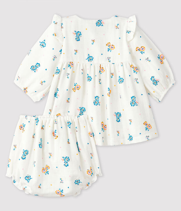 Robe fleurie manches longues avec bloomer b&eacute;b&eacute; fille en tissu couche blanc/multicouleur