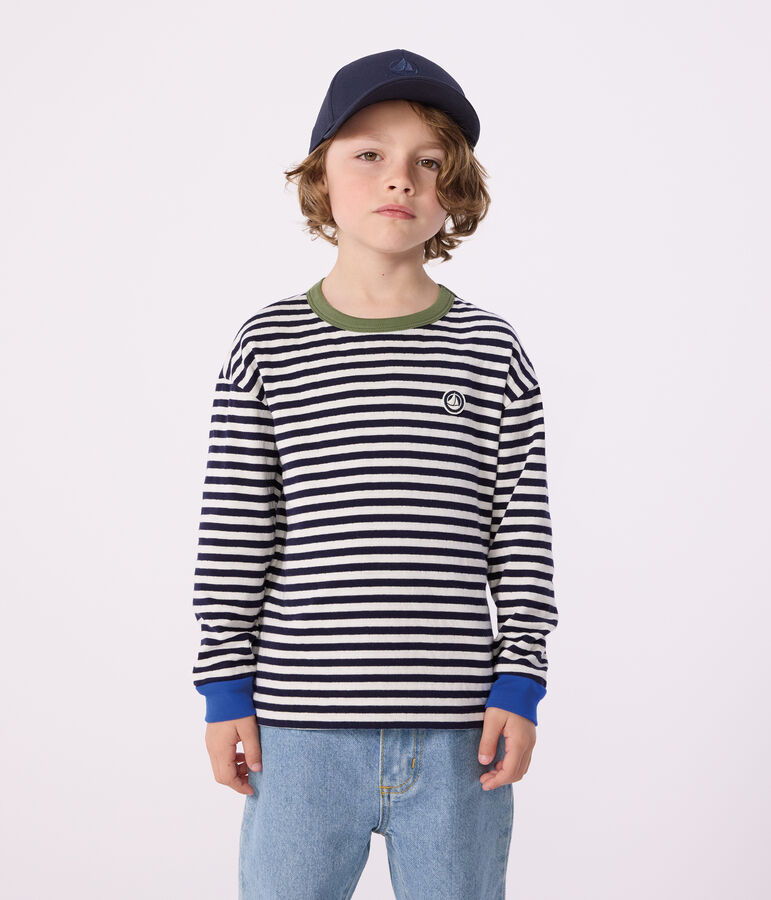 Tee-shirt enfant manches longues en coton &agrave; rayures bleu/&eacute;cru
