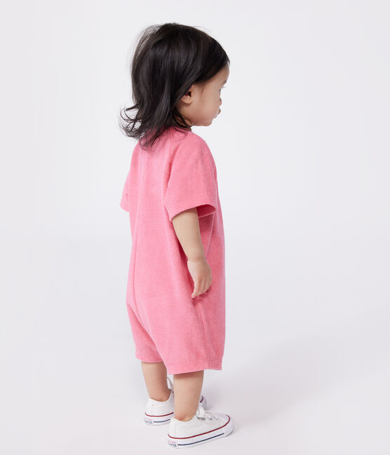 Combicourte bébé en coton éponge manches courtes unie et badge rose PEONIA