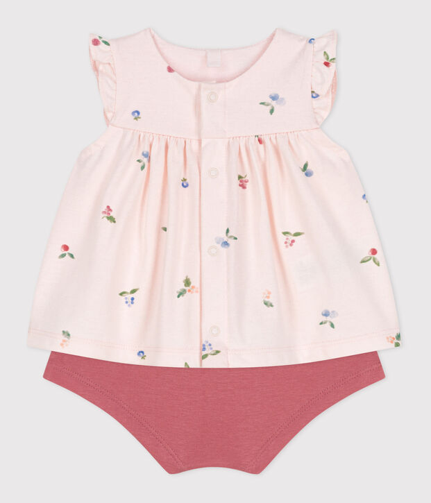 Tweedelig katoenen geboortesetje met bloesje met ruche roze/multicouleur