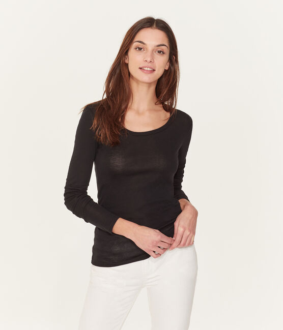 Dames-t-shirt met lange mouwen in licht katoen zwart NOIR