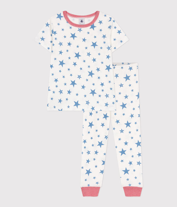 Katoenen kinderpyjama met sterrenprint wit/blauw