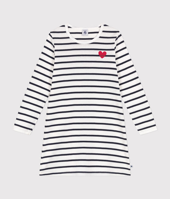 Gestreept katoenen nachthemd voor kinderen wit MARSHMALLOW/blauw SMOKING