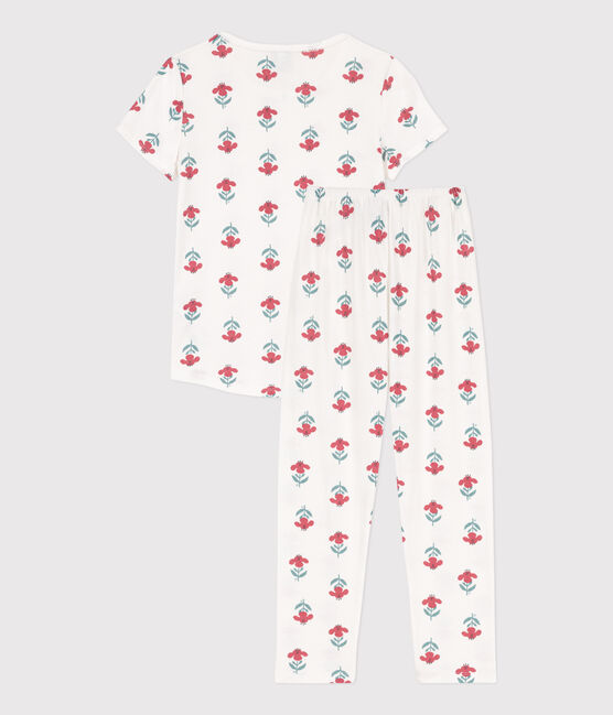 Pyjama manches courtes fleurs en coton petite fille blanc MARSHMALLOW/blanc MULTICO