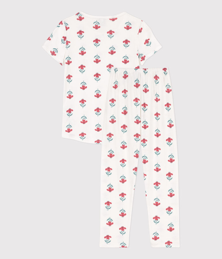 Pyjama manches courtes fleurs en coton petite fille blanc/multicouleur