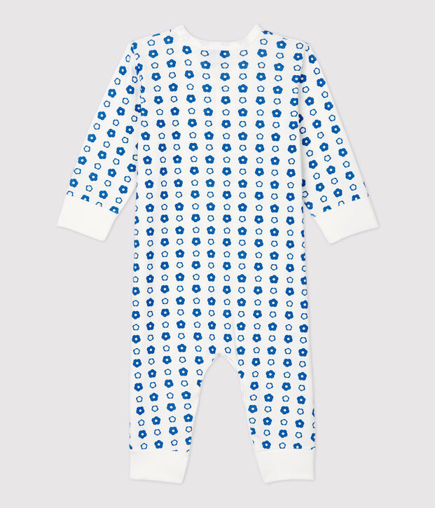 Voetloos slaappakje met retro bloemenprint van biologisch katoen wit/blauw