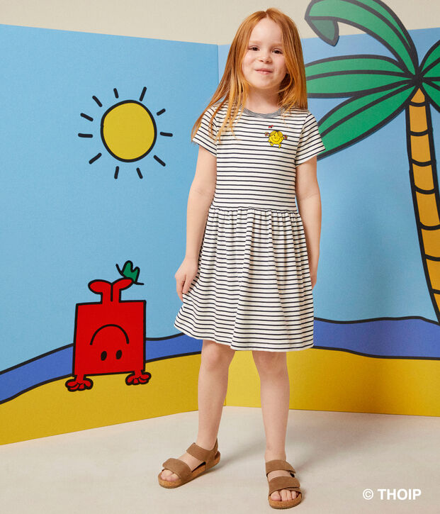 Katoenen meisjesjurk met Monsieur Madame-motiefje wit/blauw