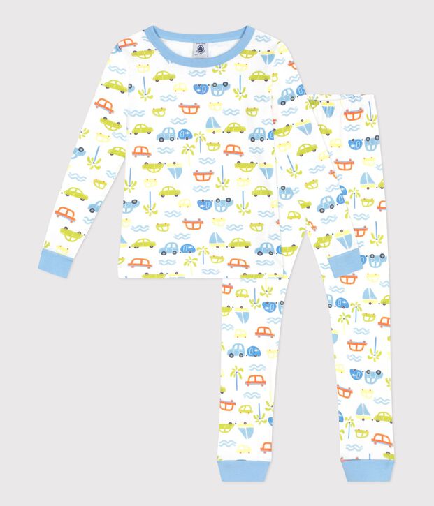 Nauw aansluitende katoenen kinderpyjama met autootjesprint wit/multicouleur