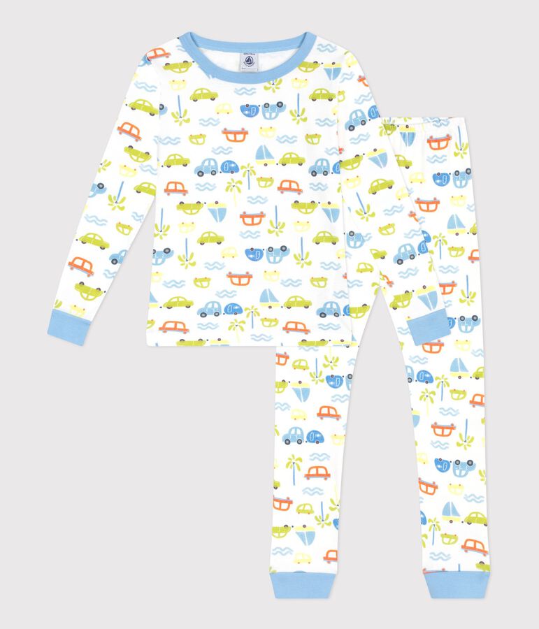 Pyjama tr&egrave;s ajust&eacute; enfant en coton imprim&eacute; voitures blanc MARSHMALLOW/blanc MULTICO
