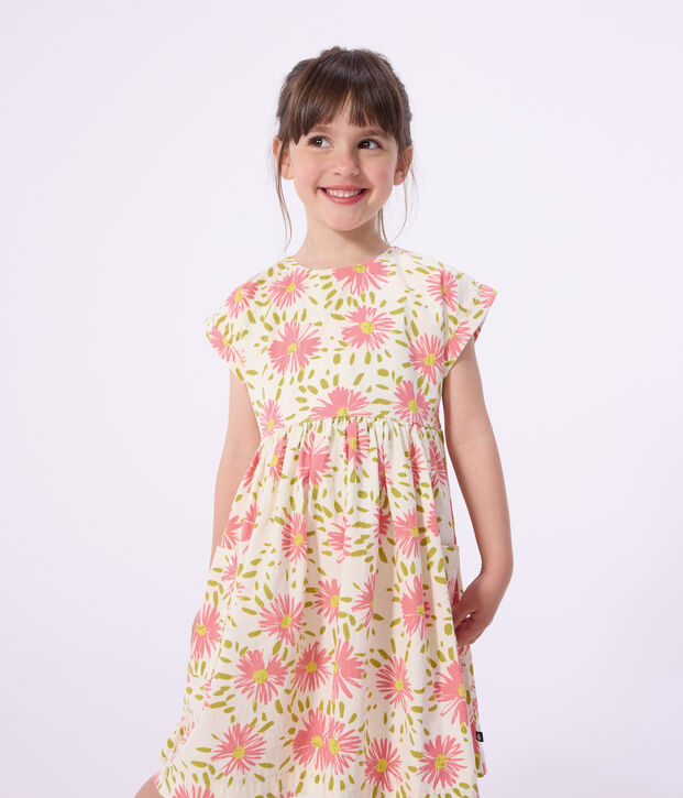 Katoenen kinderjurk met korte mouwen en bloemenprint wit/multicouleur
