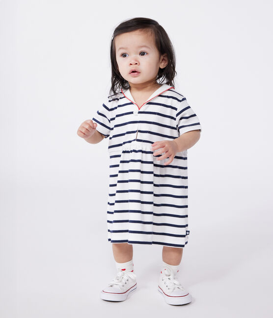 Katoenen babyjurkje met korte mouwen en matrozenkraagje wit MARSHMALLOW/blauw SMOKING