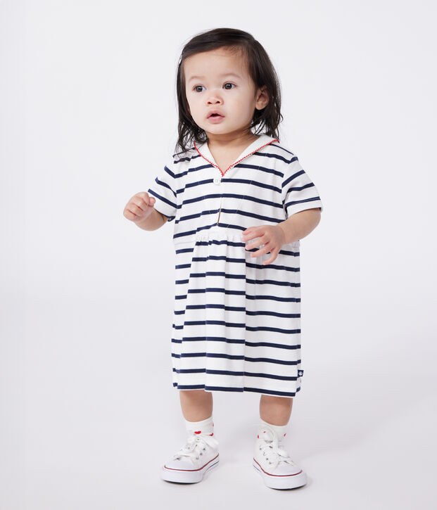 Robe marini&egrave;re b&eacute;b&eacute; en coton manches courtes et col vareuse blanc/bleu