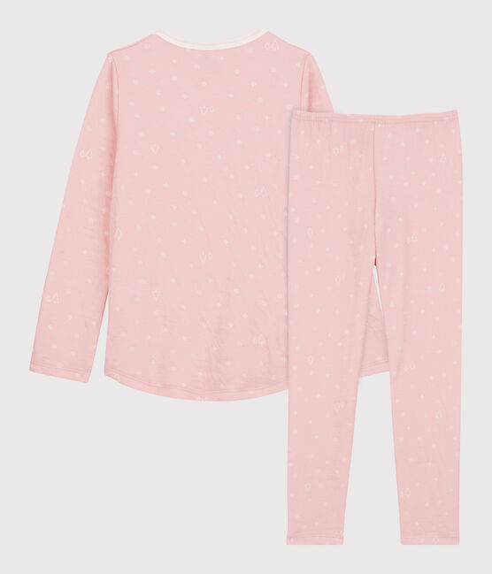 Jacquard meisjespyjama met sneeuwvlokken van wol en katoen roze CHARME/wit MARSHMALLOW