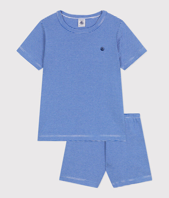 Korte katoenen kinderpyjama met streepjes blauw PERSE/wit MARSHMALLOW