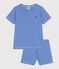 Korte katoenen kinderpyjama met streepjes blauw PERSE/wit MARSHMALLOW