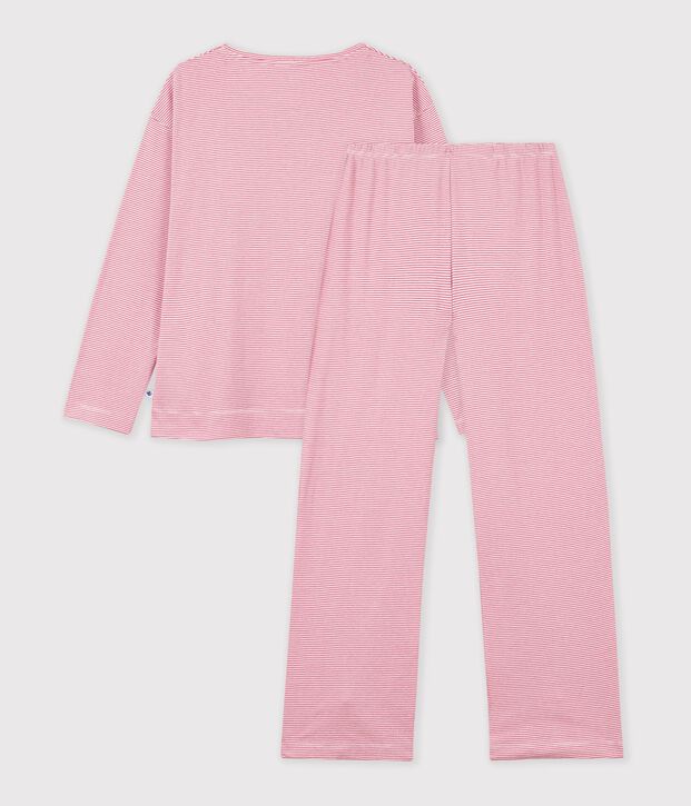 Pyjama femme en coton jambes droites &agrave; rayures rose/blanc