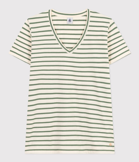 Tee-shirt Le Droit col V en coton rayé femme AVALANCHE/ CROCO