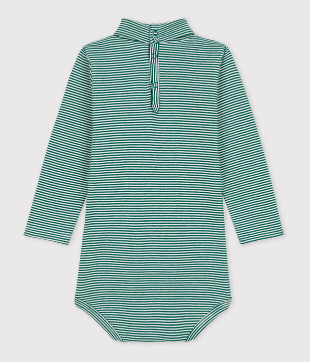 Body manches longues b&eacute;b&eacute; ray&eacute; col roul&eacute; en coton vert/blanc