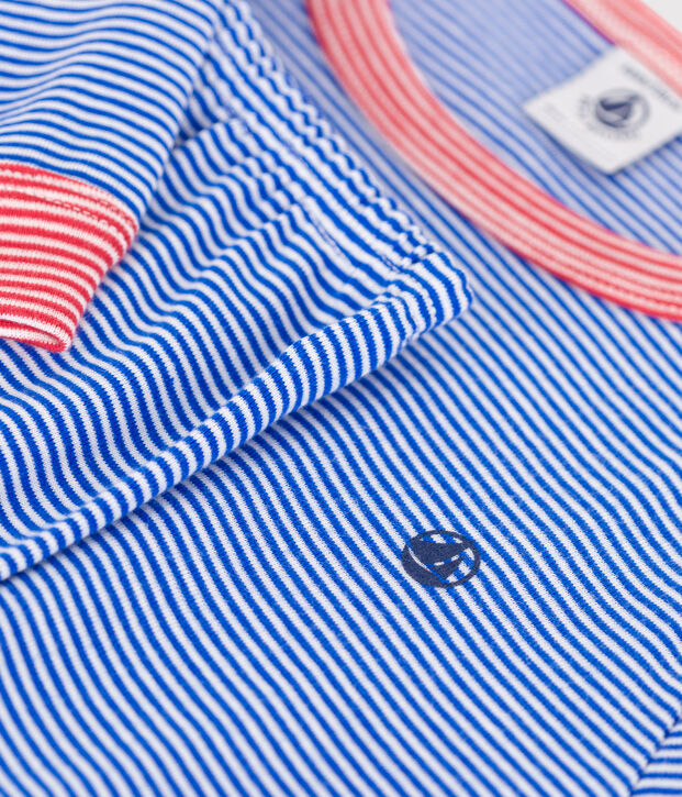 Pyjama enfant en coton manches longues &agrave; rayures bleu/blanc