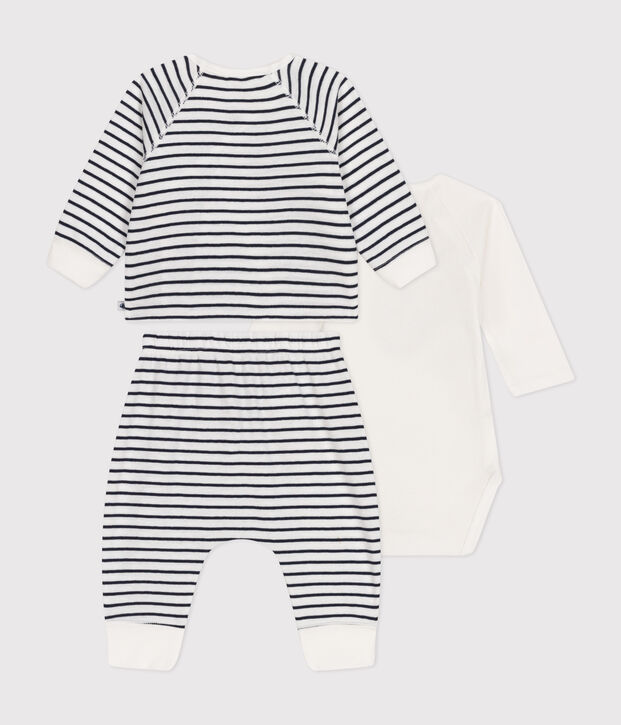Ensemble 3 pi&egrave;ces ray&eacute; en coton b&eacute;b&eacute; blanc/bleu