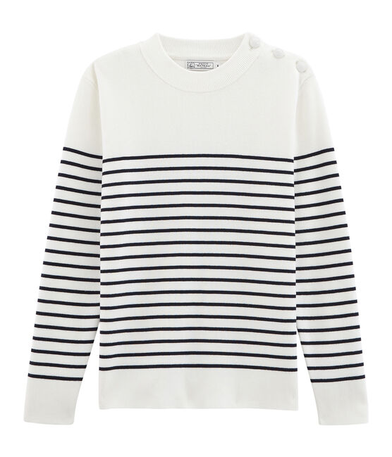 Pull marin en coton tricot côte 1x1. blanc MARSHMALLOW/bleu SMOKING
