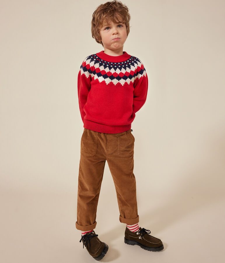 Pull jacquard laine et coton enfant gar&ccedil;on rouge/multicouleur