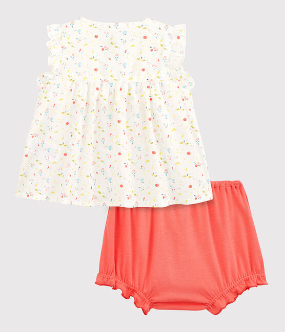 Ensemble 2 pièces fleuri bébé fille en chaîne et trame et  coton biologique blanc MARSHMALLOW/blanc MULTICO
